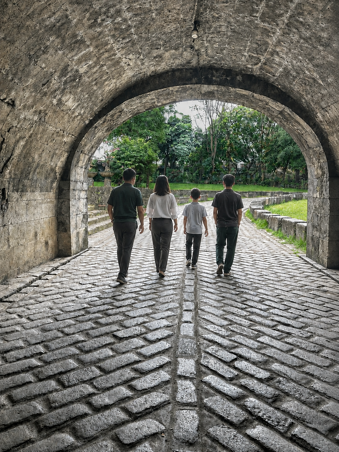 A family of four walking forward together beneath a stone arch