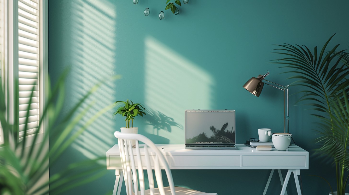 A bright, tranquil workspace with a laptop and plants against a green wall